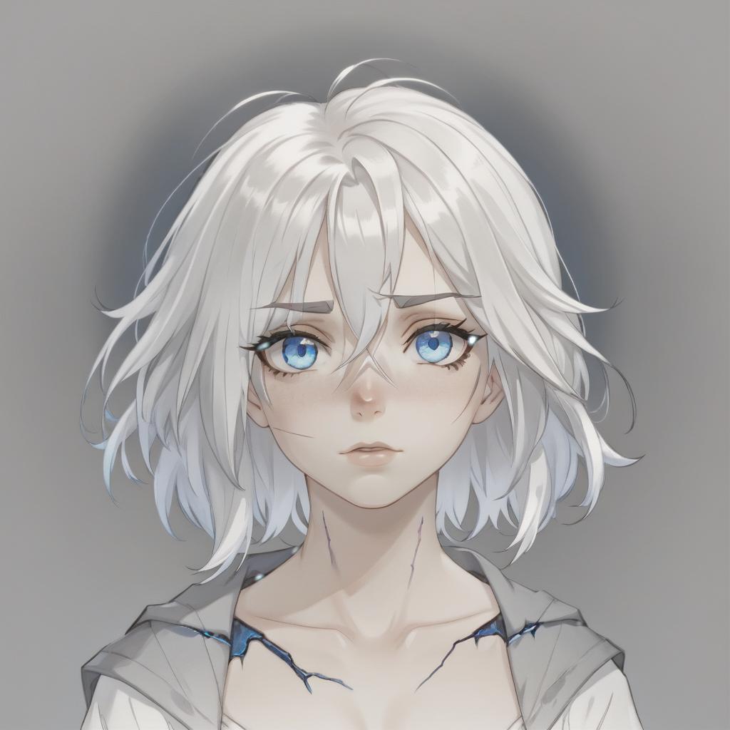  white haired girl, with realistic scars with blue eyes, short hair. the face has a long scar