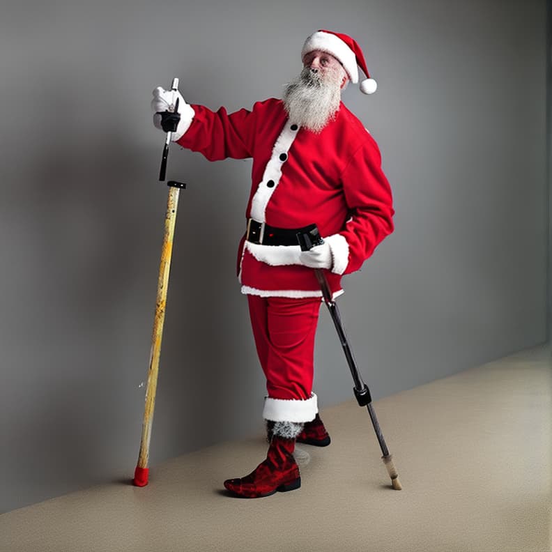  a man with a white beard mid to late 40s wearing a full red santa suit with white cuffs, black boots painting a long wall with a paint roller and an extension pole .