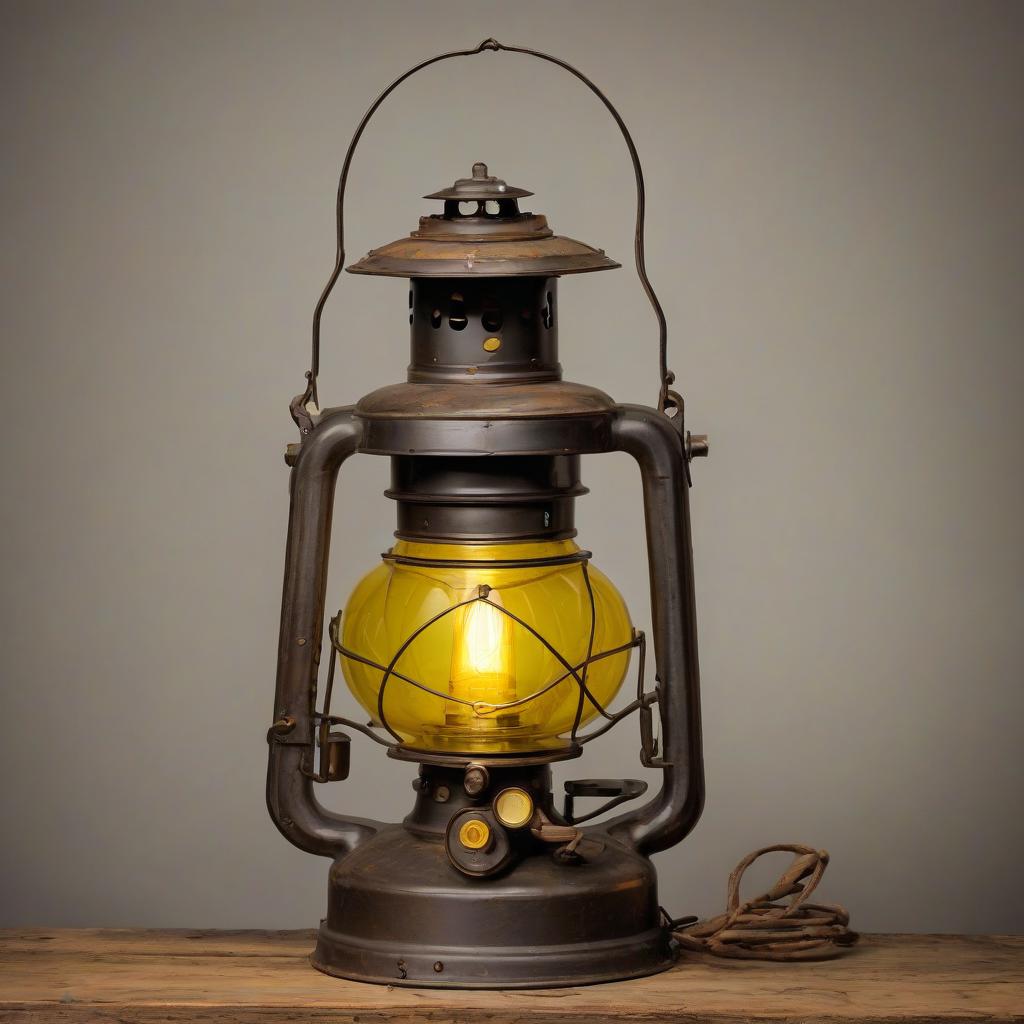  antique railroad lantern with kerosene lamp and yellow lens on the switch. wooden sleepers.