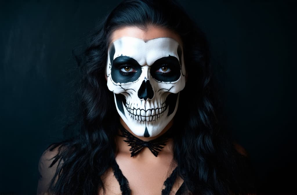  professional detailed photography, portrait of a woman with skull makeup on a dark background, in costume and makeup for halloween ar 3:2, (muted colors, dim colors, soothing tones), (vsco:0.3)