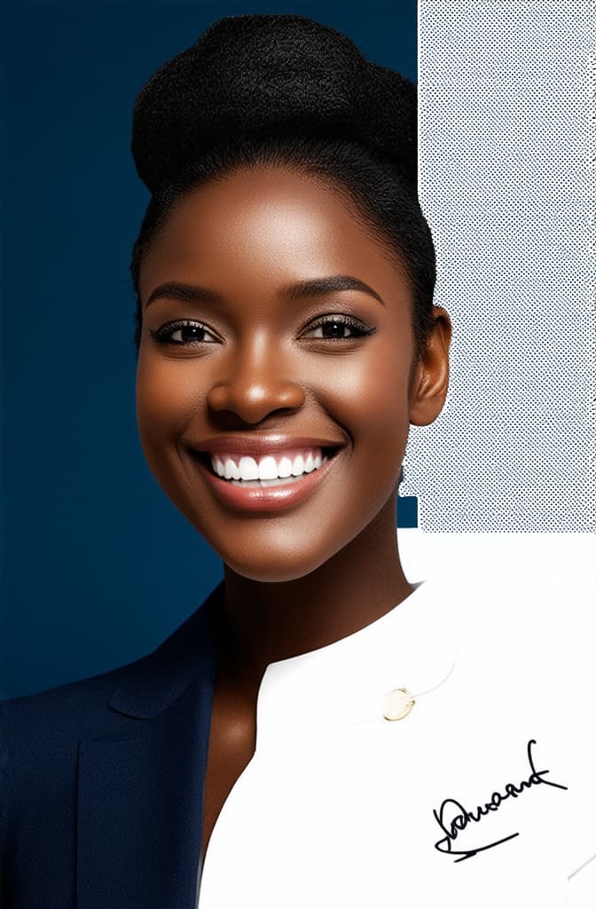  advertising style, stock photo, corporate branding style dark skinned girl smiles broadly at camera, free space for signature 2/3 on the right ar 2:3 . professional, clean, modern, product focused, commercial, eye catching, minimalist, business oriented, highly detailed