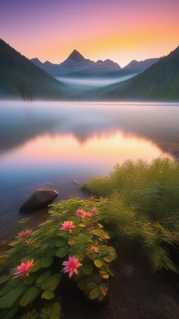  a breathtaking sunrise over a serene mountain lake, with vibrant colors reflecting off the water and mist gently rising