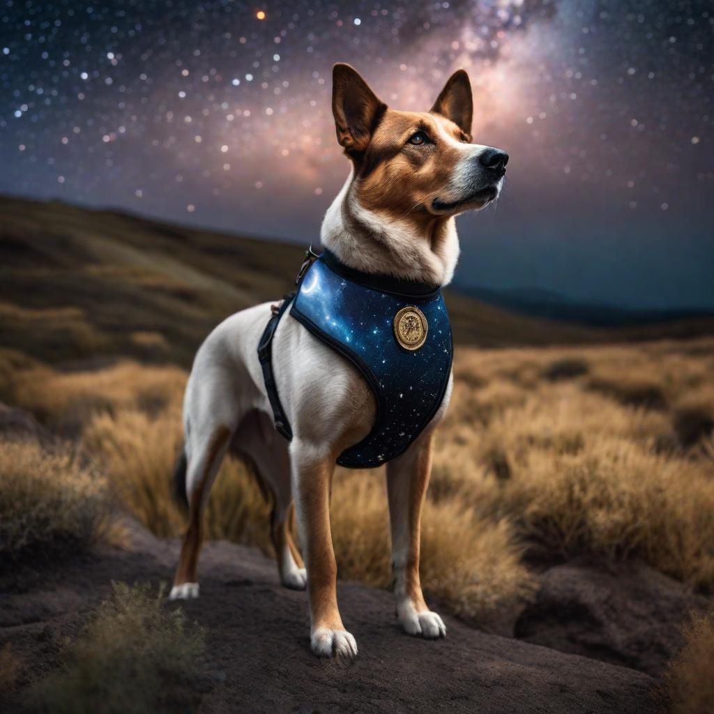  a dog standing proudly on Earth with a starry sky above, symbolizing its cosmic adventure. hyperrealistic, full body, detailed clothing, highly detailed, cinematic lighting, stunningly beautiful, intricate, sharp focus, f/1. 8, 85mm, (centered image composition), (professionally color graded), ((bright soft diffused light)), volumetric fog, trending on instagram, trending on tumblr, HDR 4K, 8K