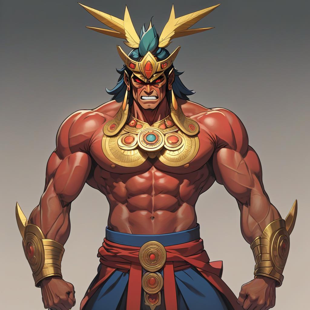  visualization of power as a person, full height, characteristic power posture, characteristic power physique, characteristic power facial expression, characteristic power hairstyle, characteristic power dress, male character, aztec style, mature age, similar to lorgenom of gurren laggan