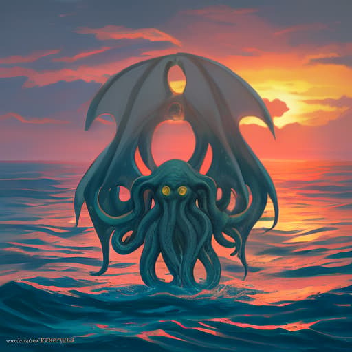  cthulhu on the background of sunset stands in the sea holding a square sheet of white paper