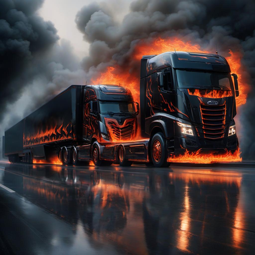  futuristic black truck tractor, road train, image of flames on a semi trailer, aerography dynamically