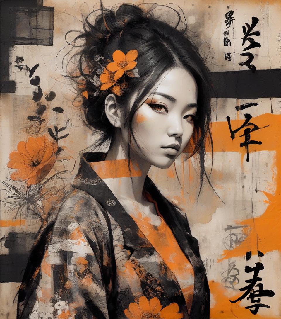  asian woman, beautiful face, black and orange color tones, wabi sabi art, abstract , punk collage , urbanpunk, flowerpunk, random textures, random graffiti strokes, kanji characters, surreal artwork, impermanence