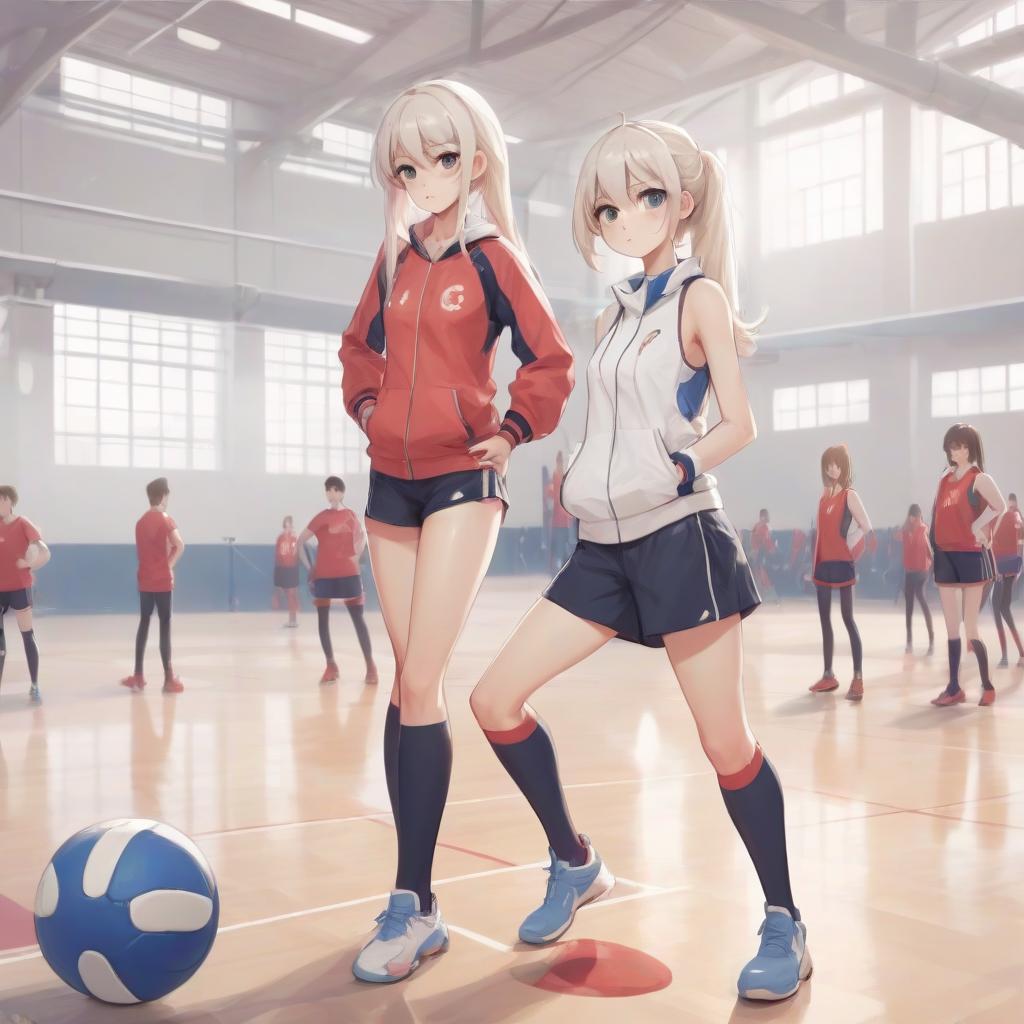  anime girl coach in the sports hall white background