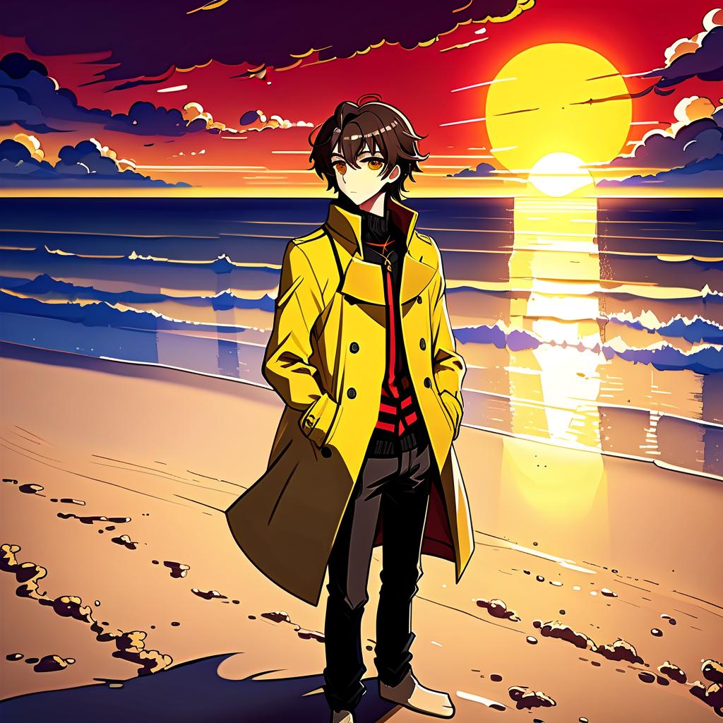  anime artwork a young man stands on the beach. he has long dark brown hair that gently falls on his shoulders, and his face, with jewish and slavic features, exudes calmness with brown eyes. he is dressed in a bright yellow coat that immediately attracts attention and contrasts with the surrounding landscape. under the coat is a black shirt, and black pants are additionally decorated with yellow elements, creating a harmonious and stylish image. the sun sets over the horizon, shrouding everything around in red shades, and bright red stripes lie on the surroundings contrasting with the darkness and creating a magical atmosphere. . anime style, key visual, vibrant, studio anime, highly detailed