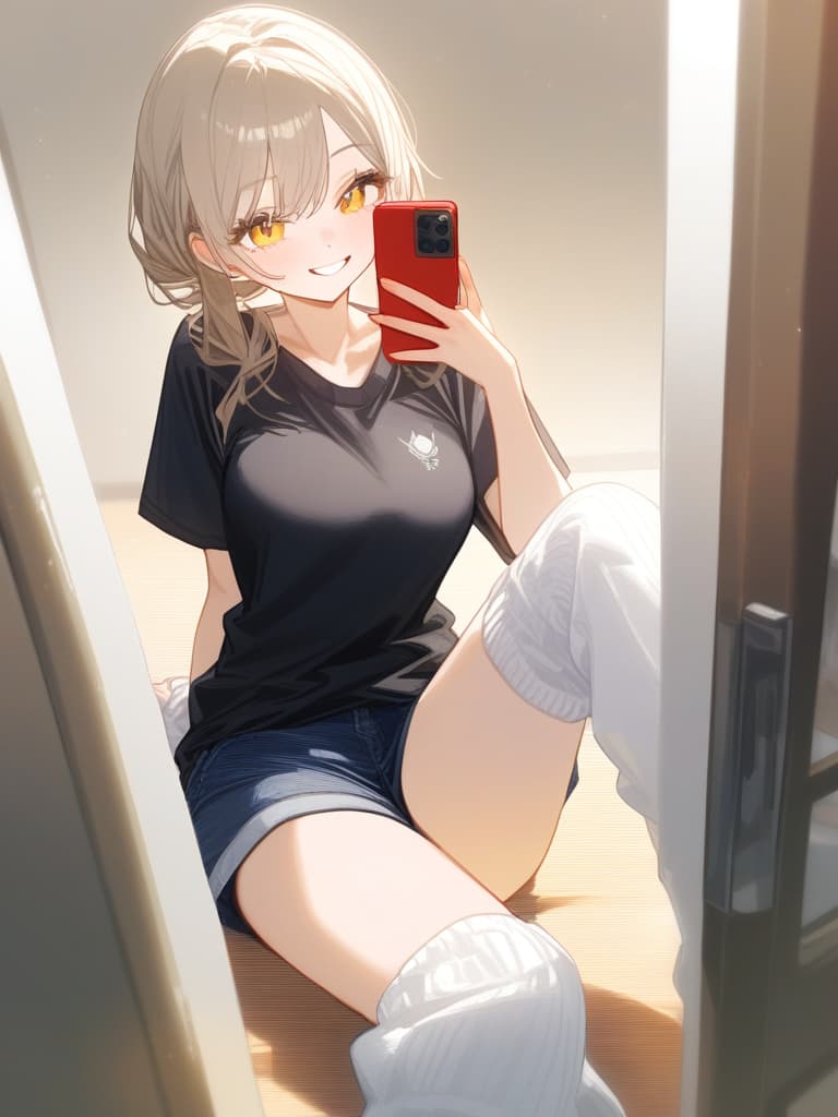  (loose socks: 1.3), selfie shot, smile, silverbeige hair, yellow eyes, black t shirt, shorts, best quality, masterpiece, (from front: 1.2),