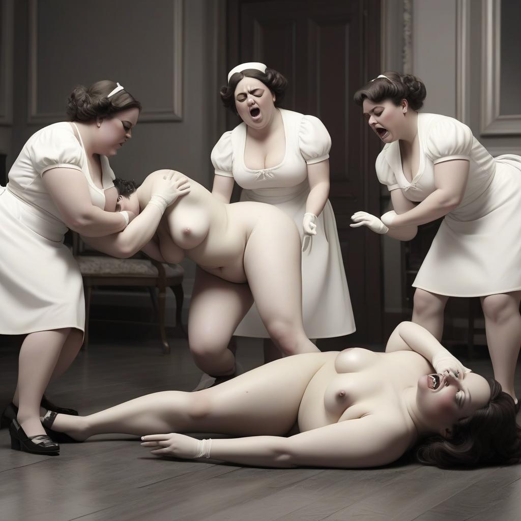  a naked fat white lady fainted and lay unconscious on the floor, and two black maids bent over her and try to bring her to her senses.