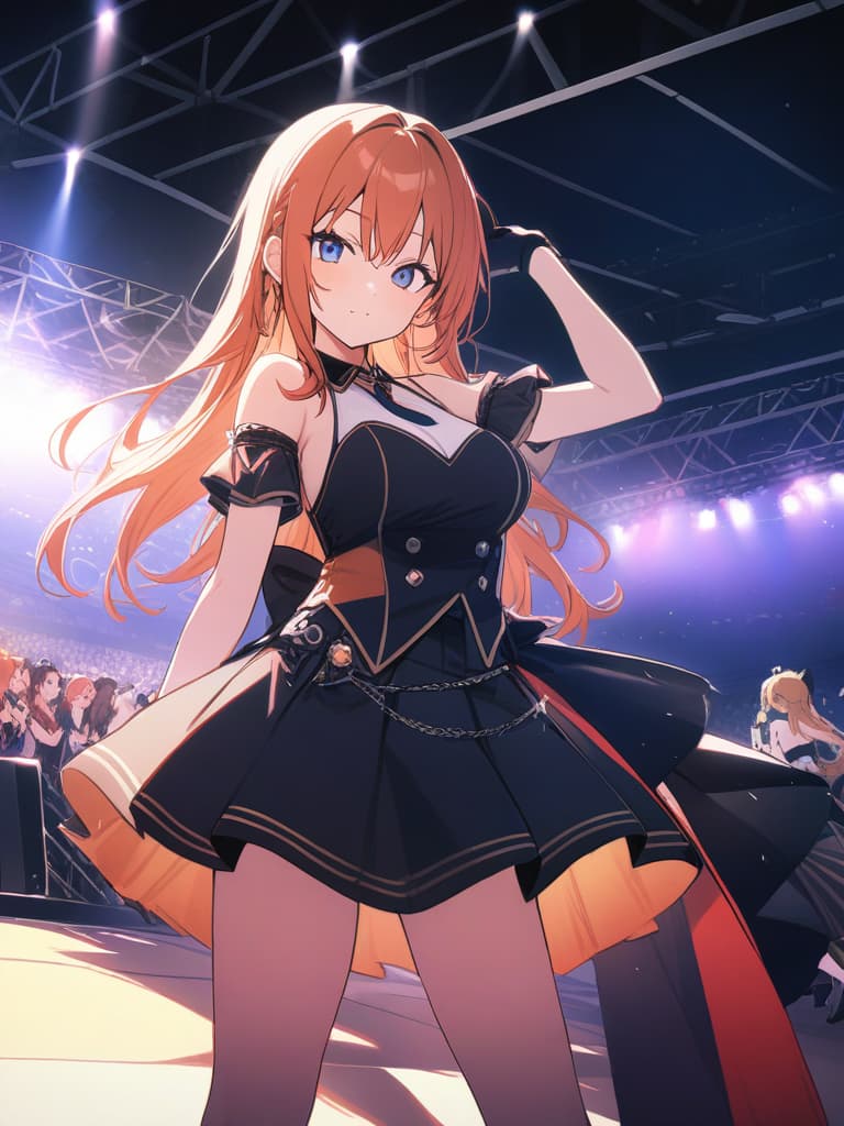  masterpiece(beautiful girl,orange hair,blue eyes,idol,stage,16k,high quality)