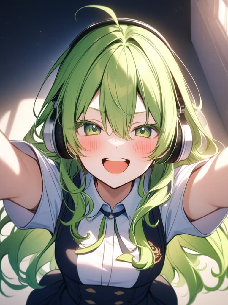  hagakure tohru bangs black clothes black blue clothing collared shirt dress shirt gloves hair between eyes long sleeves mini pleated uniform shirt shirt tucked in short sleeves rolled up sleeves uniform white shirt blush s age eyelashes woman (((with open arms:1.3))) (((i'm feeling excited))) (((headphones:1.3))) green eyes green hair big s medium length hair messy hair short hair teeth upper teeth upper teeth only smirk open mouth open mouth smile one arm outstretched smiling v sign looking at camera one woman alone english language english text text colored eyelashes curly hair ai created