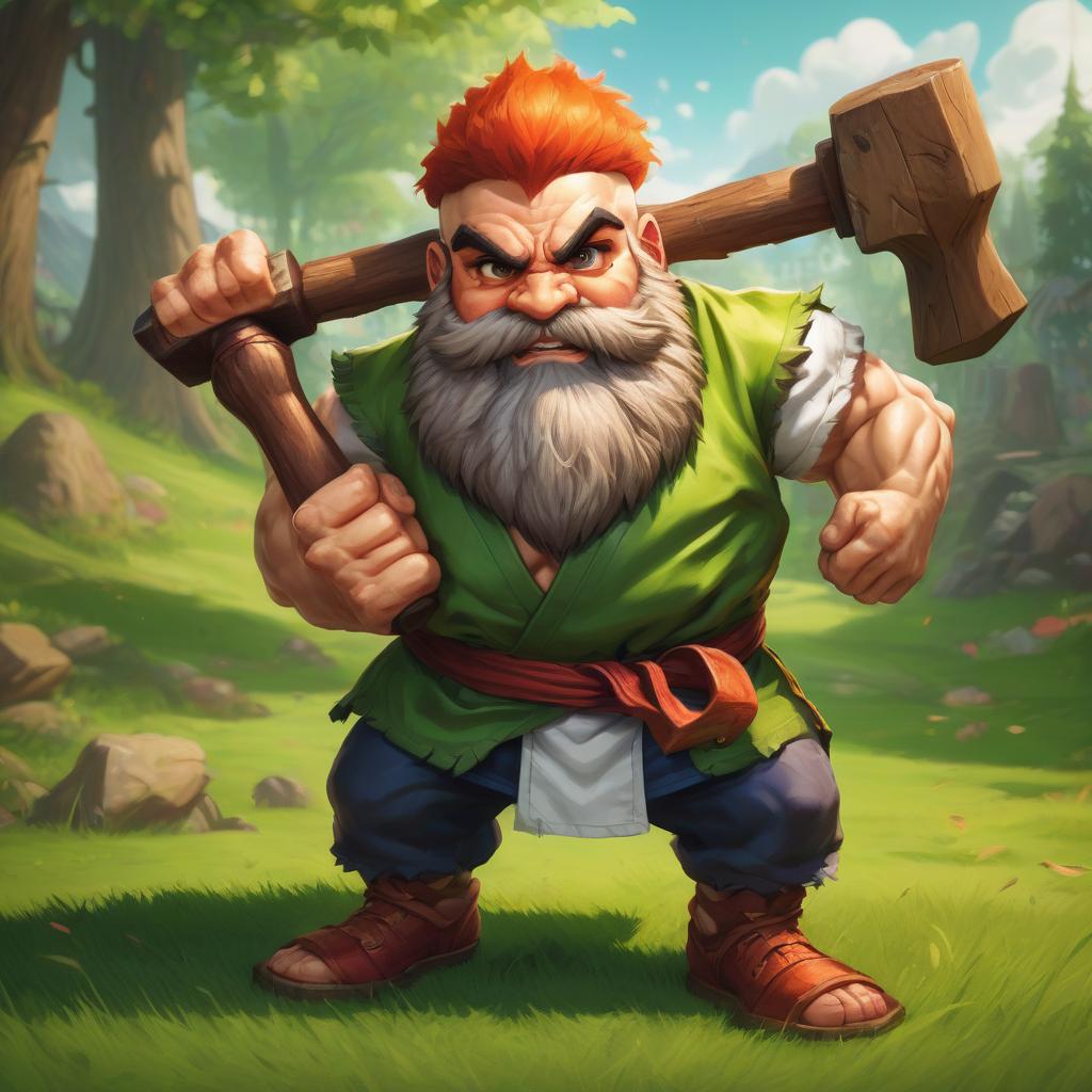  street fighter style bearded dwarf with a wooden hammer against a green lawn . vibrant, dynamic, arcade, 2d fighting game, highly detailed, reminiscent of street fighter series