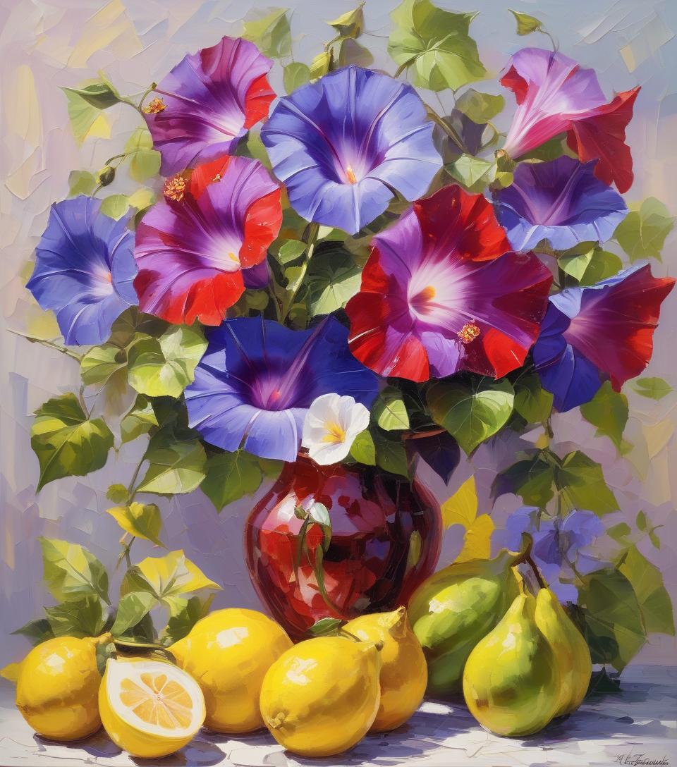  oil painting with palette knife, oil painting on canvas, flowers and fruits, scarlet morning glory, lemons and purple figs, drawing with large strokes, impressionism, the game of the world, high detail, the work of the wizard