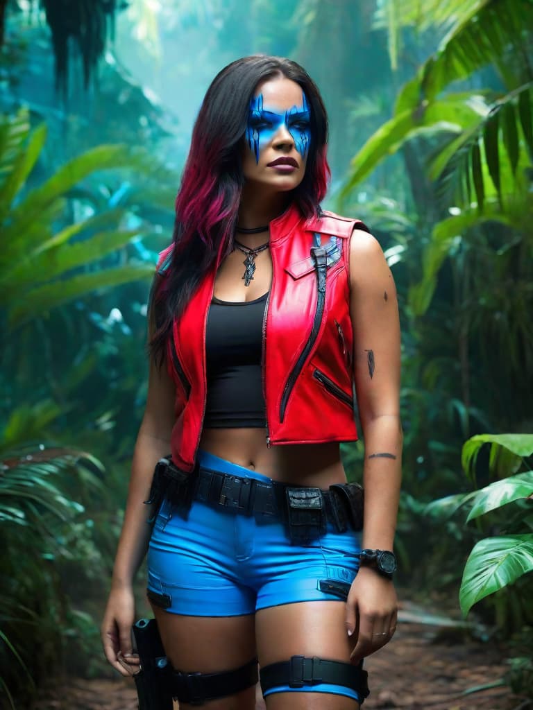  Futuristic female bounty hunter, red flowing, long hair, dressed in skin tight shorts and a sleeveless, leather flack vest; standing in a Columbian jungle outside a large villa...realistic neon pink and bright neon blue, with lots of blood dripping off face, grinning.