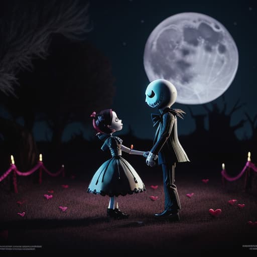  The Nightmare Before Valentines Day, Jack Skellington and Sally showing affection, a Valentine love fest, roses, hearts, night sky with moon in the background , style of Tim Burton, stop motion animation, depth of field, cinematic composition, sized Jason Voorhees figure holding a doll who is also dressed like Jason Voorhees , ultra detailed, hyper focus, high res, unreal engine, masterpiece, horror theme, background s crib, full body, The Nightmare Before Valentines Day, Jack Skellington and Sally showing affection, a Valentine love fest, roses, hearts, night sky with moon in the background , style of Tim Burton, stop motion animation, depth of field, cinematic composition, , hyperrealistic, high quality, highly detailed, cin