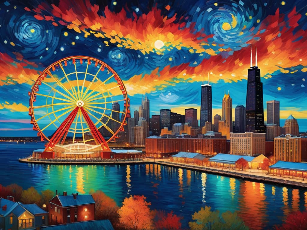  concept art chicago’s centennial ferris wheel, chicago’s navy pier, chicago skyline with prominent towers like willis, hancock, crains communication (slice building) with colorful van gogh swirls in the sky, van gogh's starry starry night with colorful red and orange swirls in the beautiful night sky, hyper realistic, chicago skyline, mesmerizing, intricate details, flambient golden and red sunrise, dramatic lighting, epic composition, wide angle, cinematic, masterpiece, high resolution, sharp details, best quality, 4k, raw photo, van gogh influence, studio lighting, impressionist, bold colors, starry sky, architectural elements, medium format lens, high angle, cityscape, city life, metropolitan, van gogh's brushstrokes, van gogh's shad