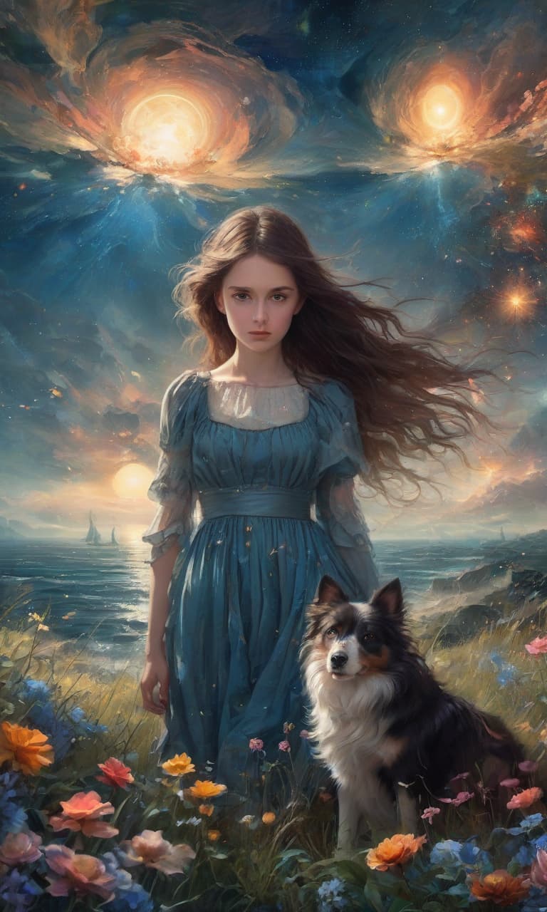  space themed digital art (double exposition: 1.3) girl with a dog border collie friends, around flowers, grass, blue sea. the girl looks directly at the camera. long brown hair, brown eyes, dressed in a beautiful dress. the effect of magic, mysticism, fairy tales, surrounded by fantasy art, arabesque, glitter, surge of fantasy, unearthly light effects, an exciting palette of colors, extremely detailed, in high resolution 10k. surrealism, realism, fantasy, baroque, renaissance. imagination and skill. in the manner of julia dillon, van gogh, salvador dali, mickey asai, alphonse mucha, robert bateman, thomas kincaid, fragonard. . cosmic, celestial, stars, galaxies, nebulas, planets, science fiction, highly detailed