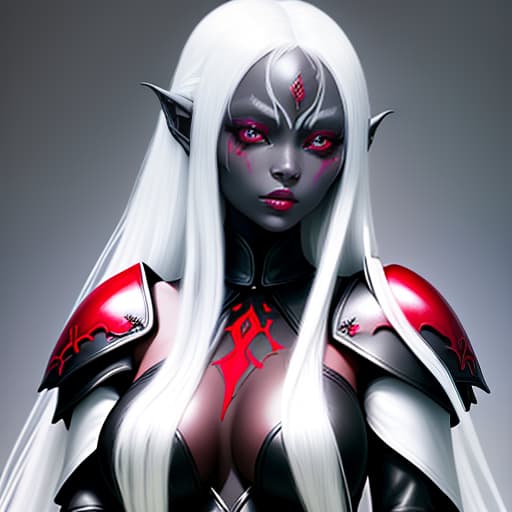  young beautiful drow woman. long white hair, white eyebrows, red eyes, black skin. tracker, dnd character. aristocratic facial features. dressed in light black leather armor. two daggers. in full growth.