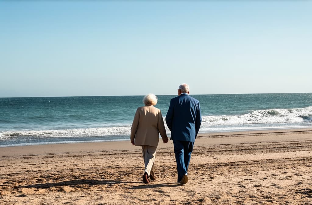  professional detailed photography, grandma and grandpa walking along the seashore, sunny day ar 3:2, (muted colors, dim colors, soothing tones), (vsco:0.3)