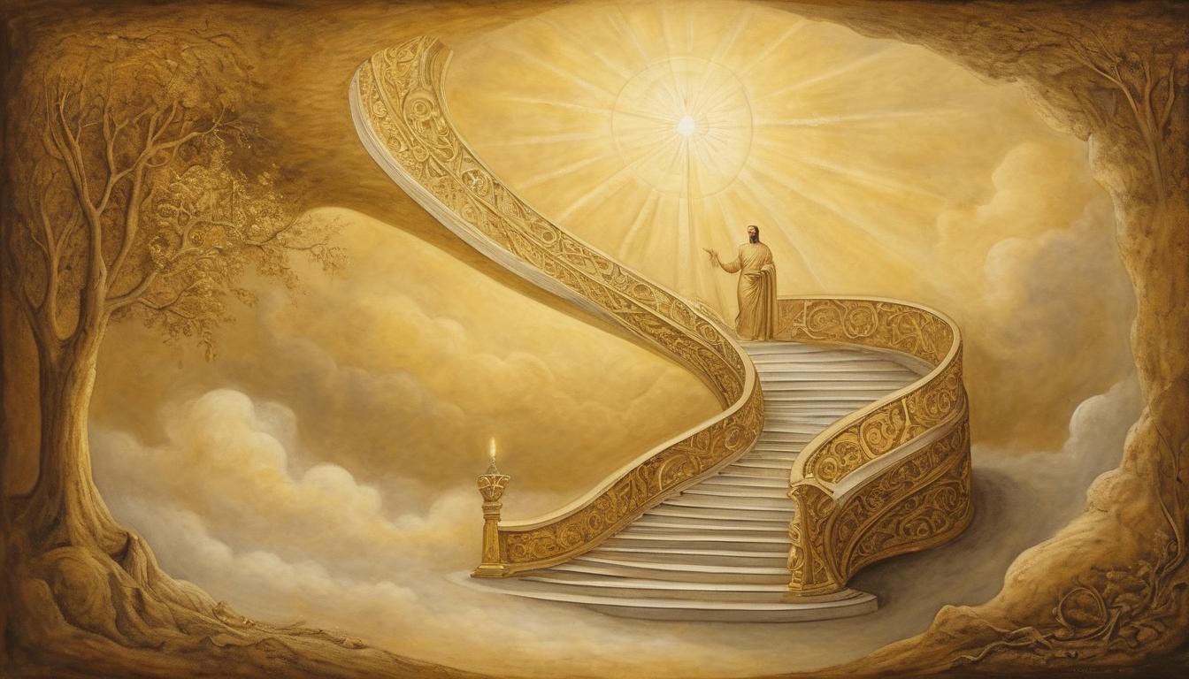  on parchment, surrealism++, golden staircase ascending to heavenly light, ethereal surrounding, divine future, ascension, purpose, light(mysterious, provocative, symbolic)++