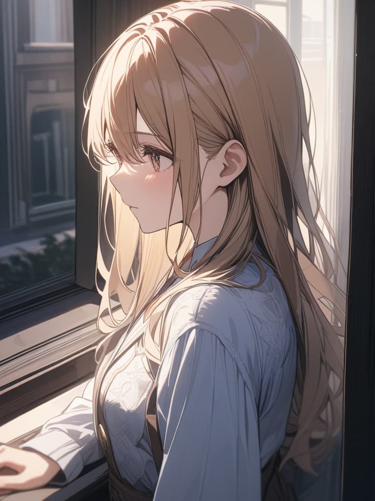  looking up from the window, the hair is long, the color of the hair is a blonde, masterpiece, best quality,8k,ultra detailed,high resolution,an extremely delicate and beautiful,hyper detail