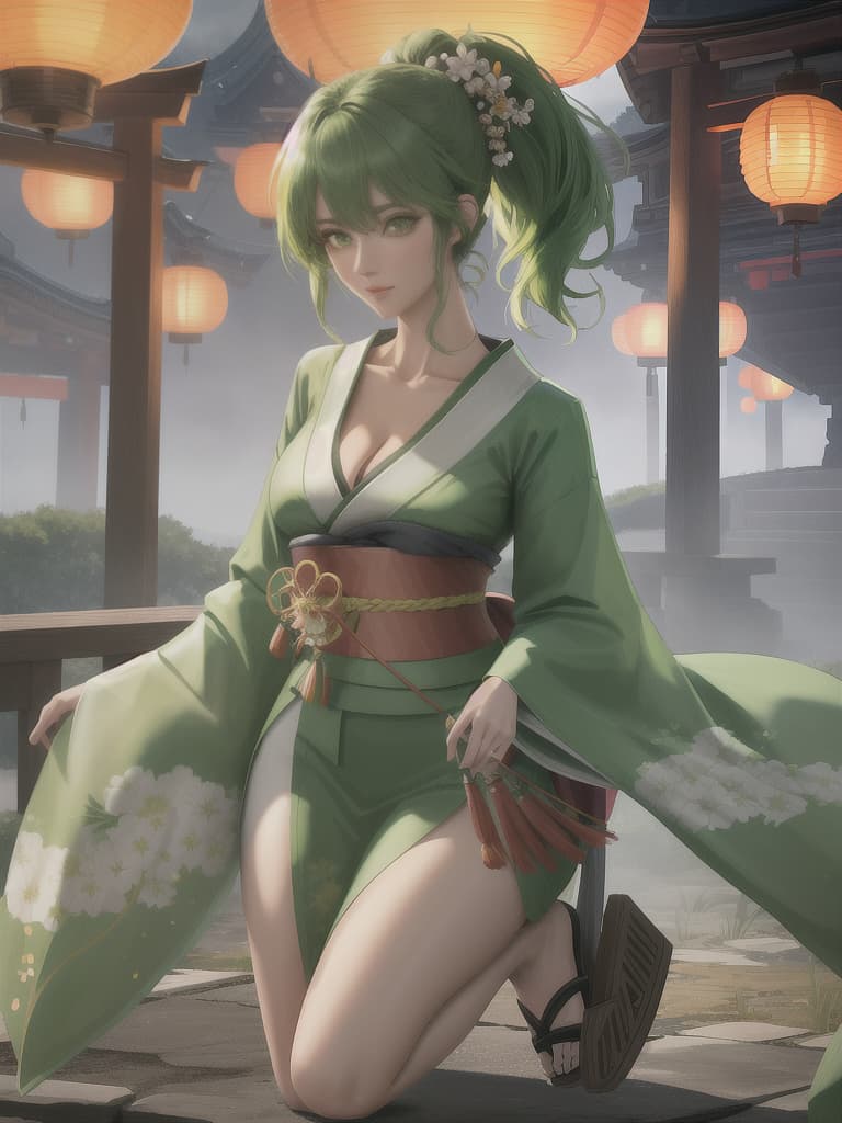  Women, Japanese, kimonos, green clothes, ponytails, green hair, brown skin, green eyes, nights, festivals, lanterns, shrines, masterpiece, best quality,8k,ultra detailed,high resolution,an extremely delicate and beautiful,hyper detail hyperrealistic, full body, detailed clothing, highly detailed, cinematic lighting, stunningly beautiful, intricate, sharp focus, f/1. 8, 85mm, (centered image composition), (professionally color graded), ((bright soft diffused light)), volumetric fog, trending on instagram, trending on tumblr, HDR 4K, 8K