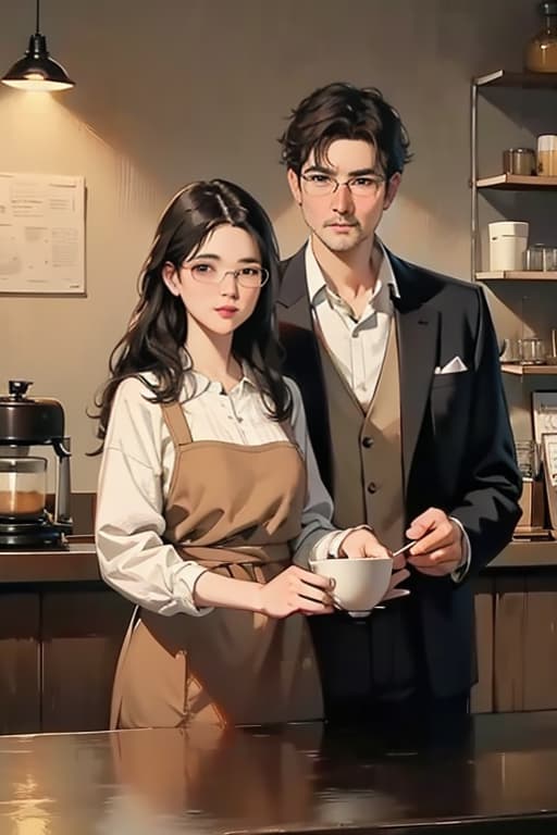  a black haired man and a woman with glasses stand making coffee in a coffee shop., bichu,oil painting,impressionism advertising photo,high quality, good proportion, masterpiece , the image is captured with an 8k camera