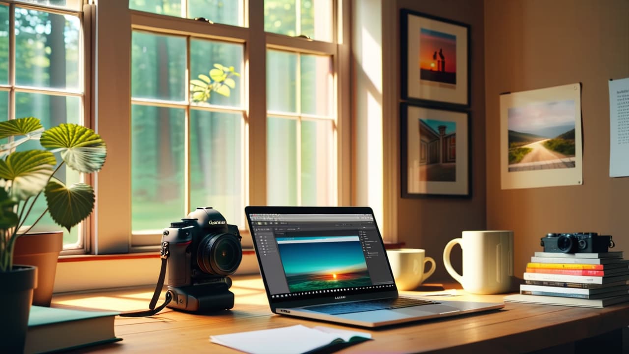  a cozy workspace with a camera, a laptop displaying a pricing chart, and scattered photography prints. sunlight filters through a window, casting soft shadows, creating a warm, inviting atmosphere for a budding photographer. hyperrealistic, full body, detailed clothing, highly detailed, cinematic lighting, stunningly beautiful, intricate, sharp focus, f/1. 8, 85mm, (centered image composition), (professionally color graded), ((bright soft diffused light)), volumetric fog, trending on instagram, trending on tumblr, HDR 4K, 8K