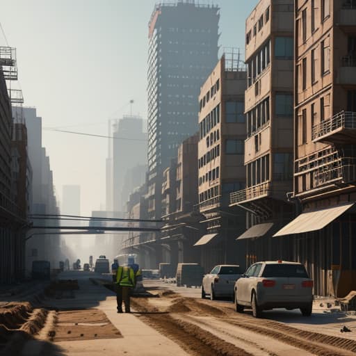  a construction site for water supply and sewage systems (construction:1.3), featuring workers installing pipes and machinery amidst a bustling urban environment (urban:1.2), illustrated in a realistic digital painting style (digital:1.4), with a muted color palette and warm afternoon lighting casting long shadows, highly detailed, 4k resolution, emphasizing teamwork and infrastructure development, negative prompt: rural elements, obsolete technology, cluttered surroundings soviet poster style hyperrealistic, full body, detailed clothing, highly detailed, cinematic lighting, stunningly beautiful, intricate, sharp focus, f/1. 8, 85mm, (centered image composition), (professionally color graded), ((bright soft diffused light)), volumetric fog, trending on instagram, trending on tumblr, HDR 4K, 8K