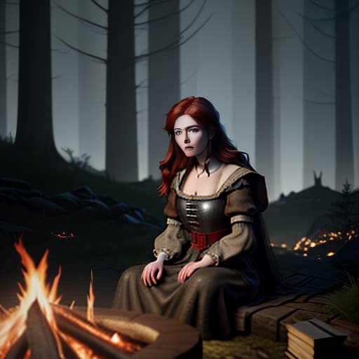  middle ages. night forest on a hill. brunette girl with black eyes and red haired guy are sitting by the fire and talking. long shot, shot 35 mm, realism, octane render, 8k, trending on artstation, 35 mm camera, unreal engine, hyper detailed, photo realistic maximum detail, volumetric light, realistic matte painting, hyper photorealistic, trending on artstation, ultra detailed, realistic