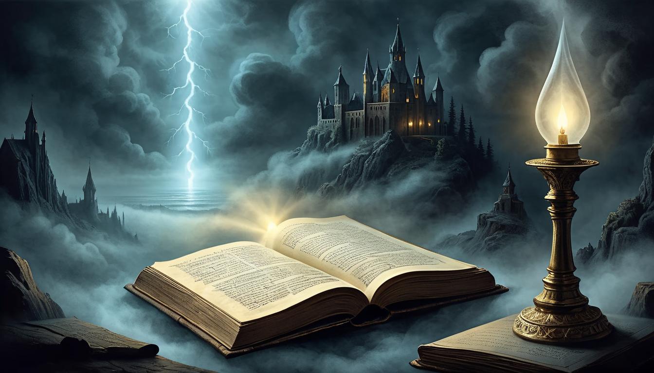  on parchment, surrealism+++, an ethereal light source surrounded by dark mist, illuminating an open book, truth unveiled, guiding, illuminating(mysterious, provocative, symbolic,muted color)+++