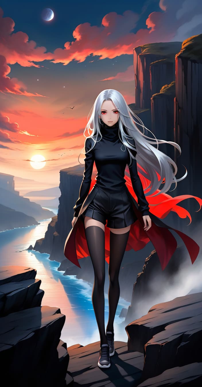  ethereal fantasy concept art of anime girl one in full height, 25 years with long silver hair, with red eyes, dressed in a black turtleneck and black shorts against the background of black cliffs . magnificent, celestial, ethereal, painterly, epic, majestic, magical, fantasy art, cover art, dreamy