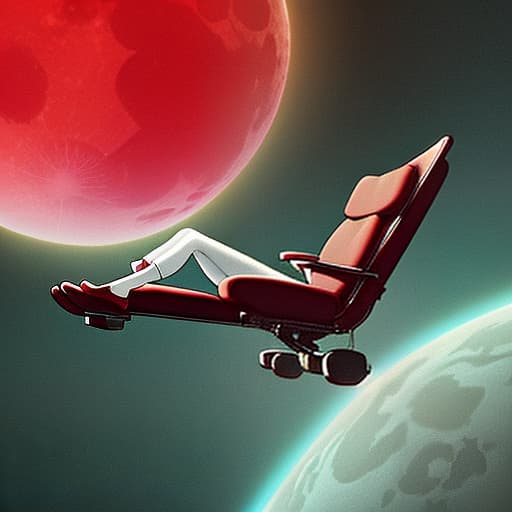  3 red chairs in zero gravity hover on the moon, behind you can see the planet earth