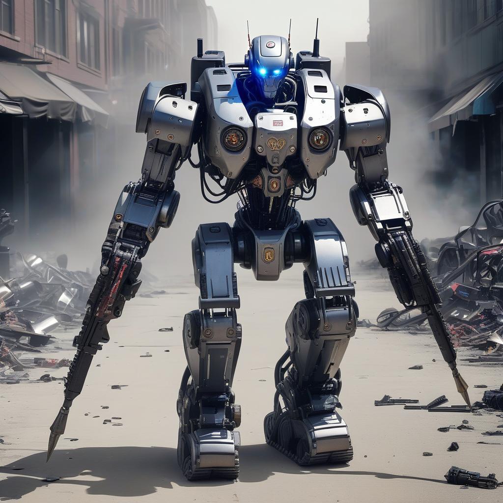  full length combat robot with weapons, plastic, metal, running, apocalypse, perfecteyes