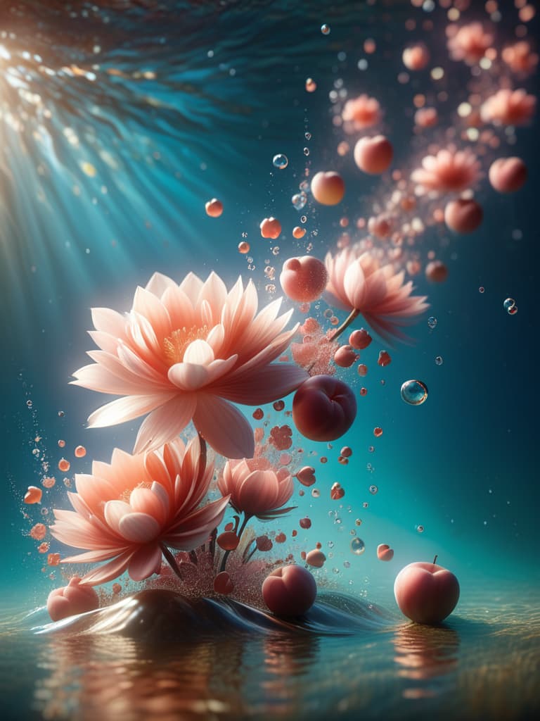  peaches, splashed water flowers, water cape, underwater light, peach contour, instant capture, fuzzy movement. clear water surface, underwater bubbles, reflecting light, fruit colour photo realistic, highly intricate and detailed, masterpiece, ultra high res,photography,8k resolution