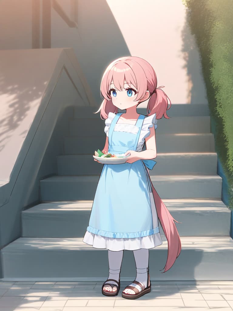  (beautiful girl:1.5)(low twin tail & drilled hair:1.7)(pink hair color & eye color)(wearing light blue frilly apron dress:1.7)(bukka white leg warmers:2.0 )(sandals with straps:1.7)(close up of upper body:1.5)(background park stairs) high quality,masterpiece,16k,super analysis