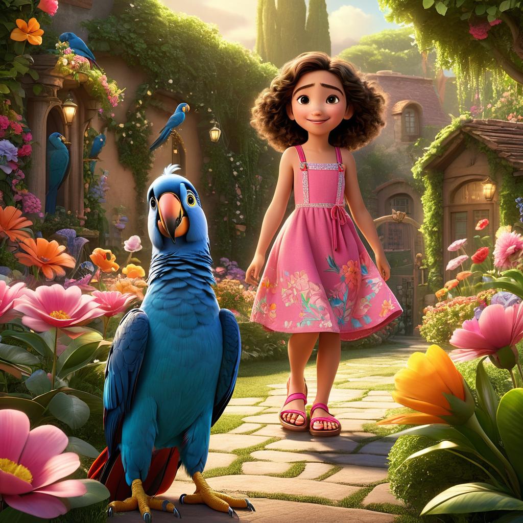  in 3d animated movie style. disney pixar style. sara, a 4 with a kind and adventurous spirit, dons a colorful sundress and pink sandals. lucky, the mischievous and loyal parrot with vint feathers, accompanies her. they explore a lush garden full of blooming flowers and whimsical secrets, illuminated by soft and warm lighting. rendered in high resolution pixar 3d animation, the scene exudes a magical atmosphere, emphasizing the sense of discovery and wonder in their interactions.