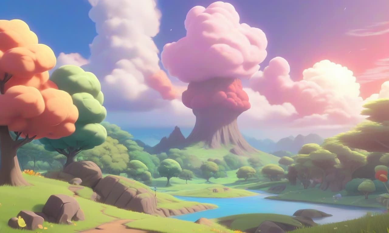  pokémon style landscape with a good morning movie style. . vibrant, cute, anime, fantasy, reminiscent of pokémon series