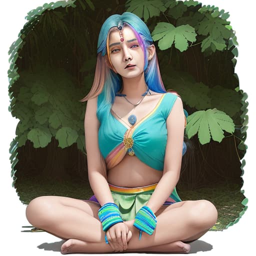  a 28age indian lady her hair rainbow color and she sitting in the circle it was covered by green leaves her face sexy reaction