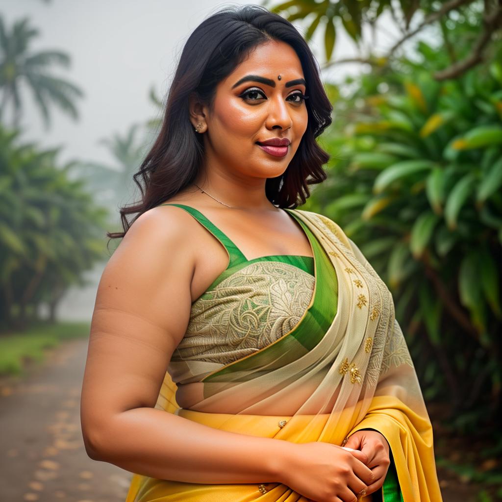  A Huge chubby Woman holding mangos in Hand, Saree and pallu, Clean face, mango Trees hyperrealistic, full body, detailed clothing, highly detailed, cinematic lighting, stunningly beautiful, intricate, sharp focus, f/1. 8, 85mm, (centered image composition), (professionally color graded), ((bright soft diffused light)), volumetric fog, trending on instagram, trending on tumblr, HDR 4K, 8K