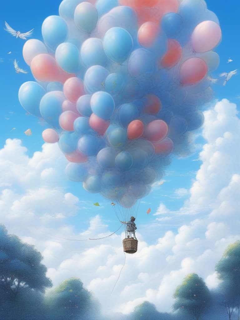  masterpiece,(((no human))),(((no body))),(only a balloon in the sky🎈),風景画,blue sky,white clouds,fairy tale style,crayon drawing,gentle colors,delicate,detailed,