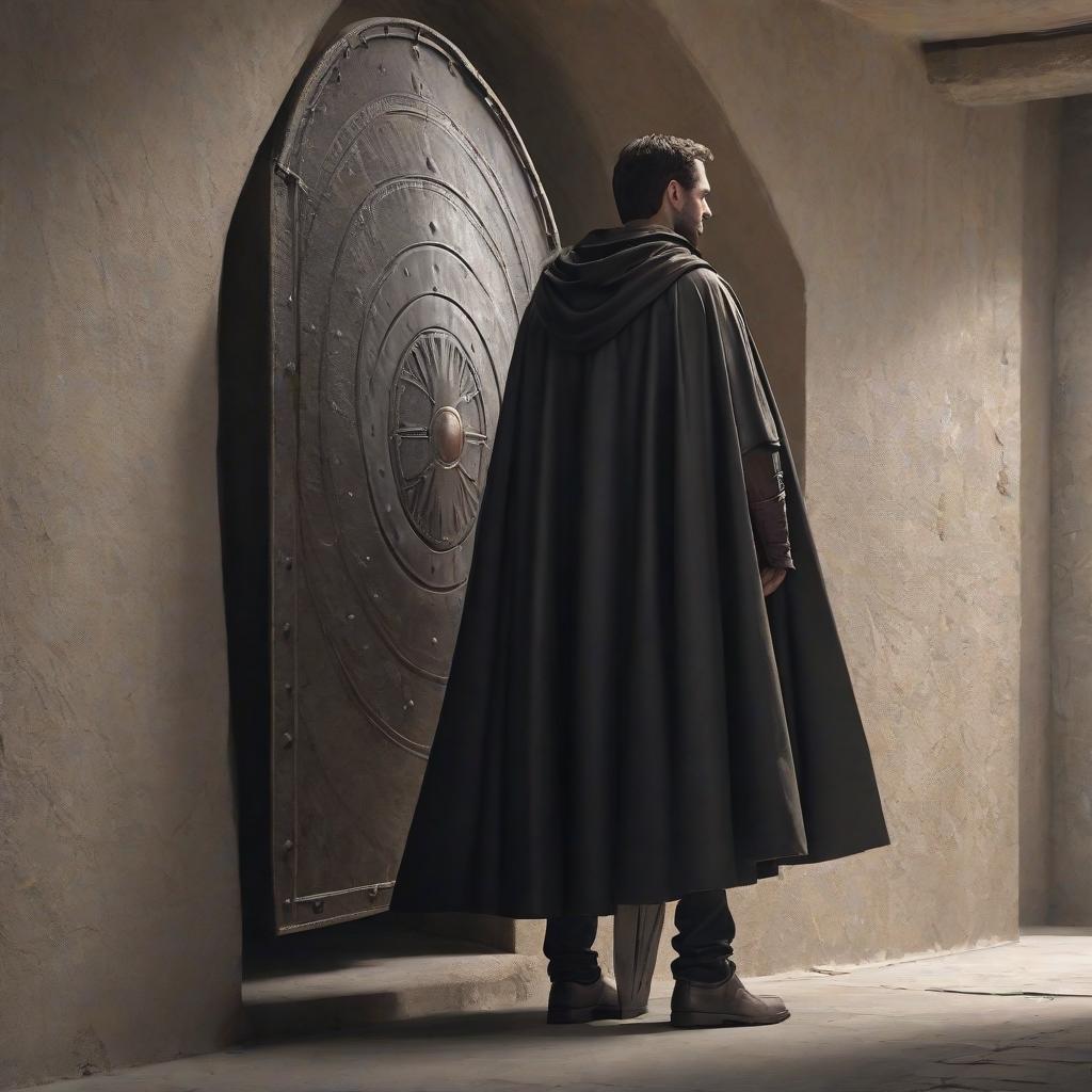  a man in a cloak stands against the wall, next to the shield