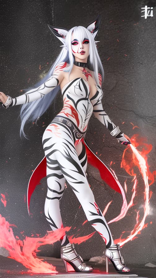  Full body red flame pattern body paint, Silver body paint on the whole body, Silver face paint on the face, Dark elf 女性