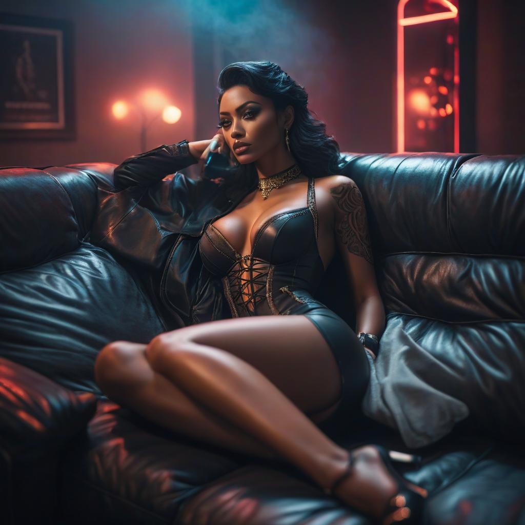  half lies on the couch future neon waiting for  hyperrealistic, full body, detailed clothing, highly detailed, cinematic lighting, stunningly beautiful, intricate, sharp focus, f/1. 8, 85mm, (centered image composition), (professionally color graded), ((bright soft diffused light)), volumetric fog, trending on instagram, trending on tumblr, HDR 4K, 8K