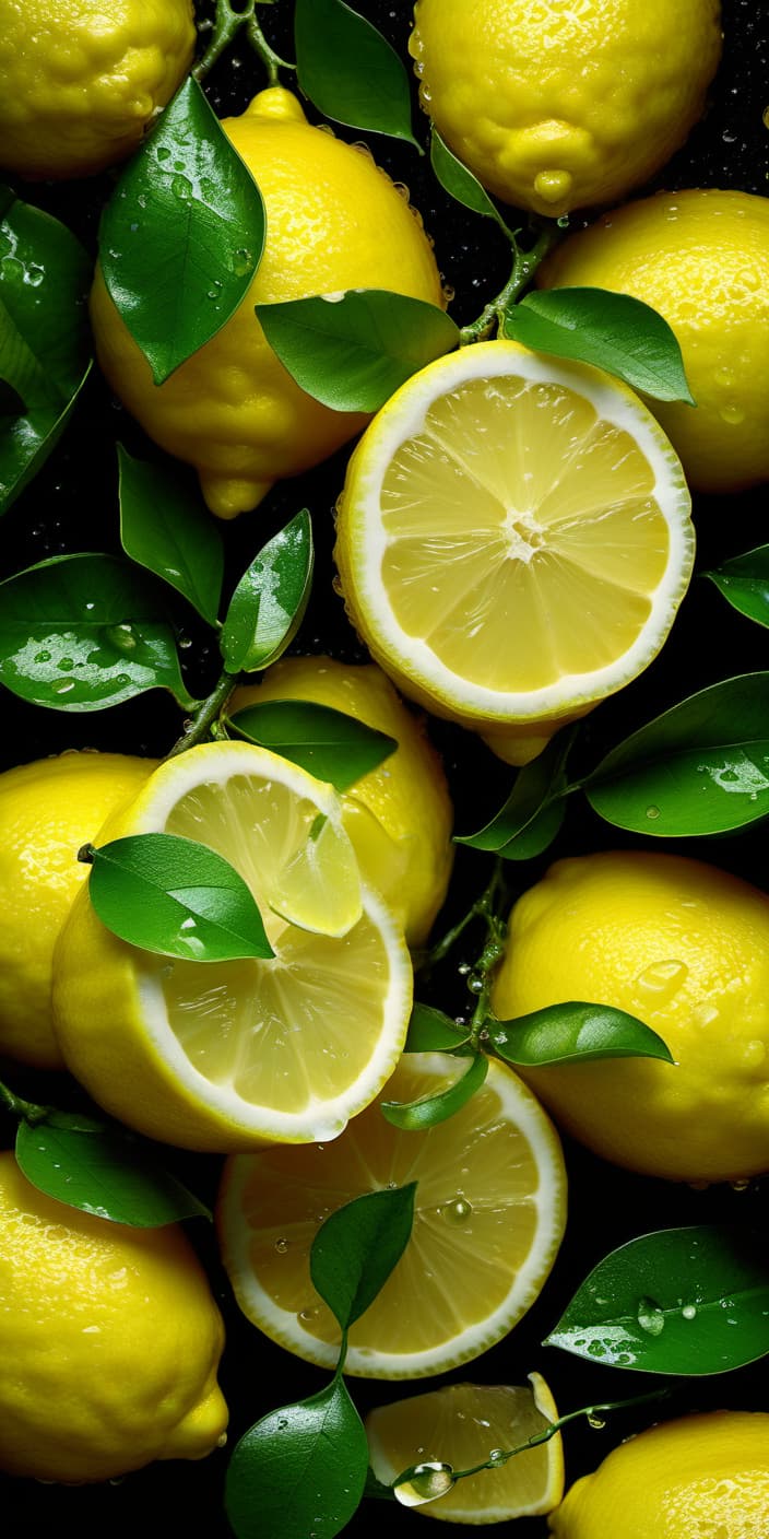  hyperrealistic art juicy yellow lemons on a branch, lemon slices with dew drops and green leaves, many, on a black background, hyperrealistic, professional photo, realistic, 64k, high resolution, bright and juicy, bright lighting, aesthetic, beautiful . extremely high resolution details, photographic, realism pushed to extreme, fine texture, incredibly lifelike