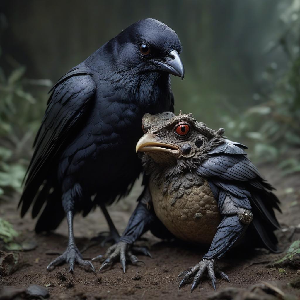  an armored toad feeds a tame raven.