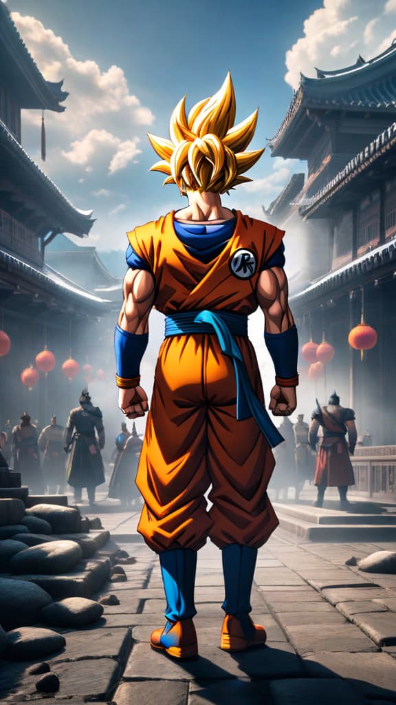  anime art: goku's victories bring chaos. z fighters face tough choice: protect or risk earth's safety without him. hyperrealistic, full body, detailed clothing, highly detailed, cinematic lighting, stunningly beautiful, intricate, sharp focus, f/1. 8, 85mm, (centered image composition), (professionally color graded), ((bright soft diffused light)), volumetric fog, trending on instagram, trending on tumblr, HDR 4K, 8K