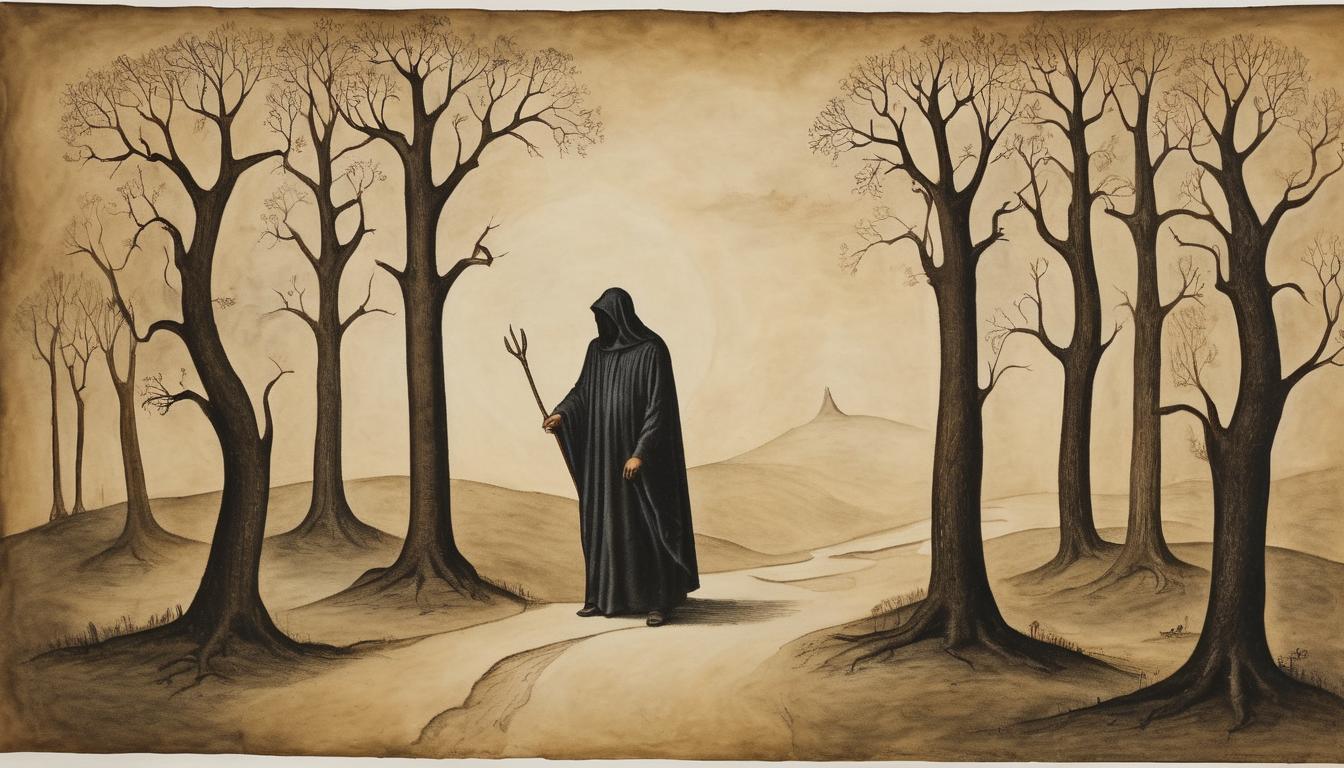  on parchment, surrealism++, mysterious, robed figure standing at the crossroads, shrouded in shadows, path splits into two, indicating choice, transition(mysterious, provocative, symbolic)++